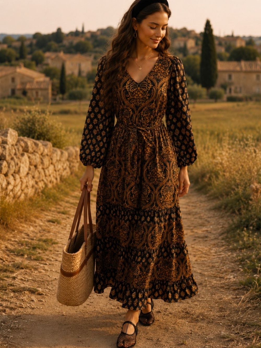 a loves a Cottagecore Ruffle Maxi Dress  W/ V Neck, Romantic Style